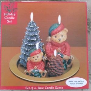 Vintage Holiday Set of 4-Bear Candle Set with Metal Tray.